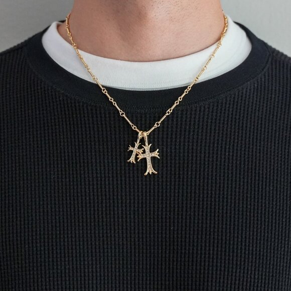 gold double cross dimond stone pendant necklace - Picture 3 of 11